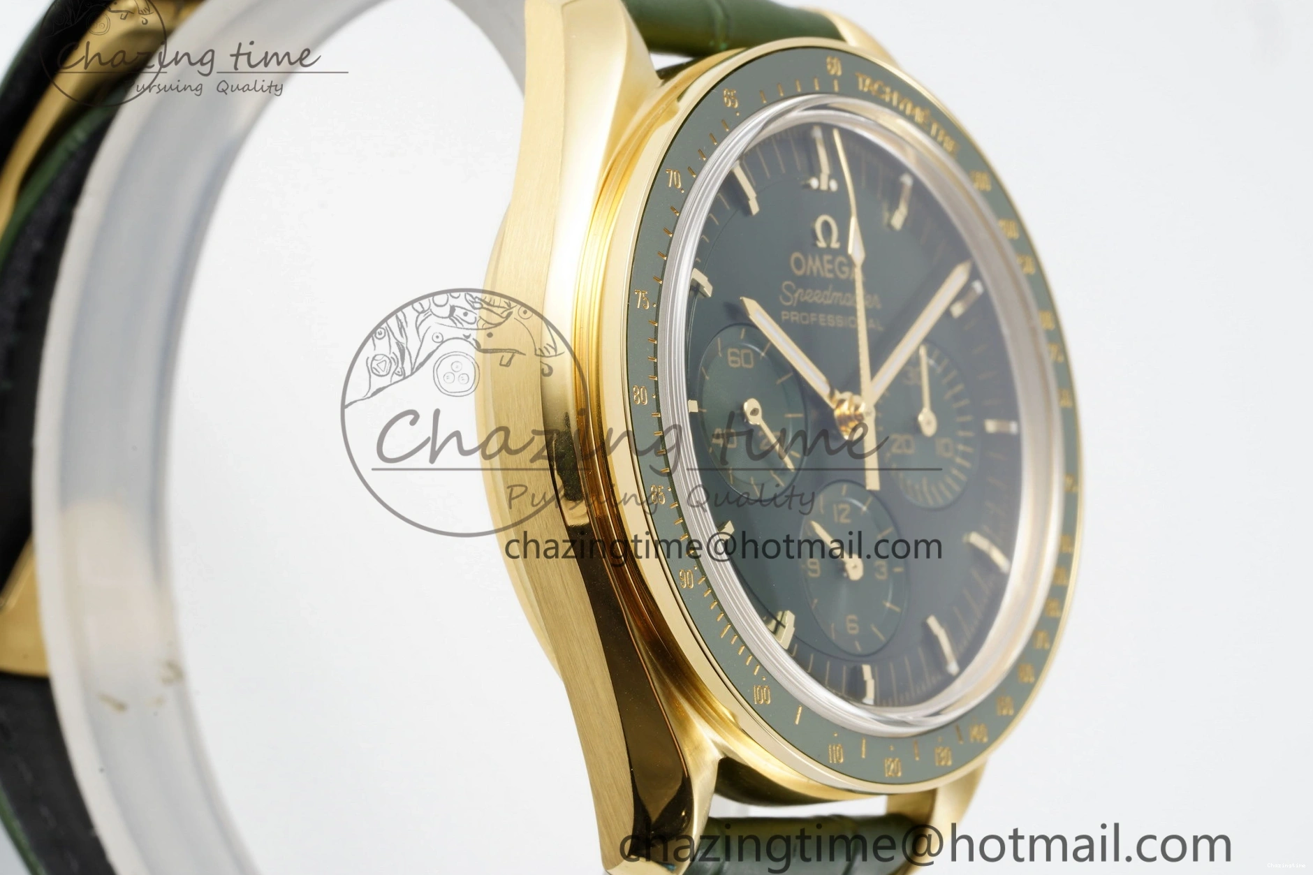 0404 Speedmaster Moonwatch in Moonshine Gold YG RMF Best Edition Green Dial on Green Leather Strap Manual Chrono EasyCare 7832